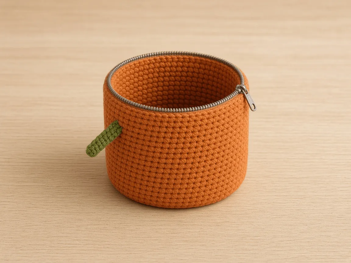 A small orange crochet pumpkin zipper pouch with a green stem