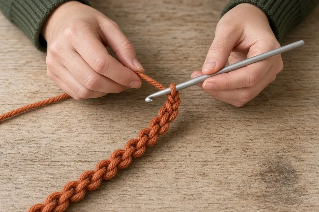 Hands chaining a long foundation for a crochet scrunchie strip