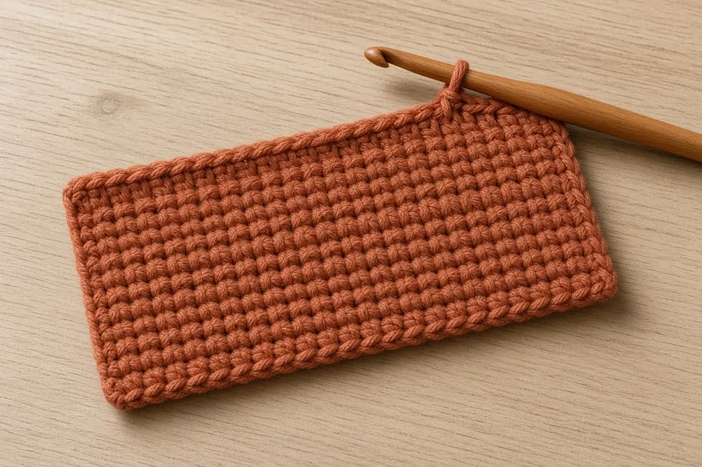 A flat crochet rectangle in progress for a hair scrunchie