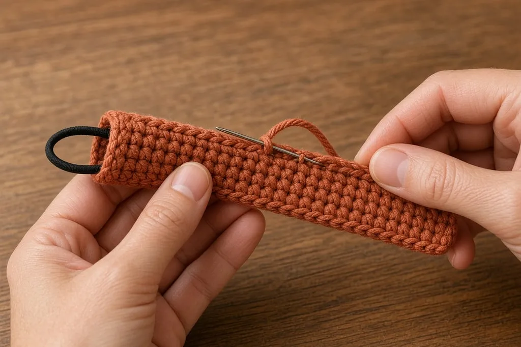 A tapestry needle seaming a crochet strip into a tube around a hair elastic