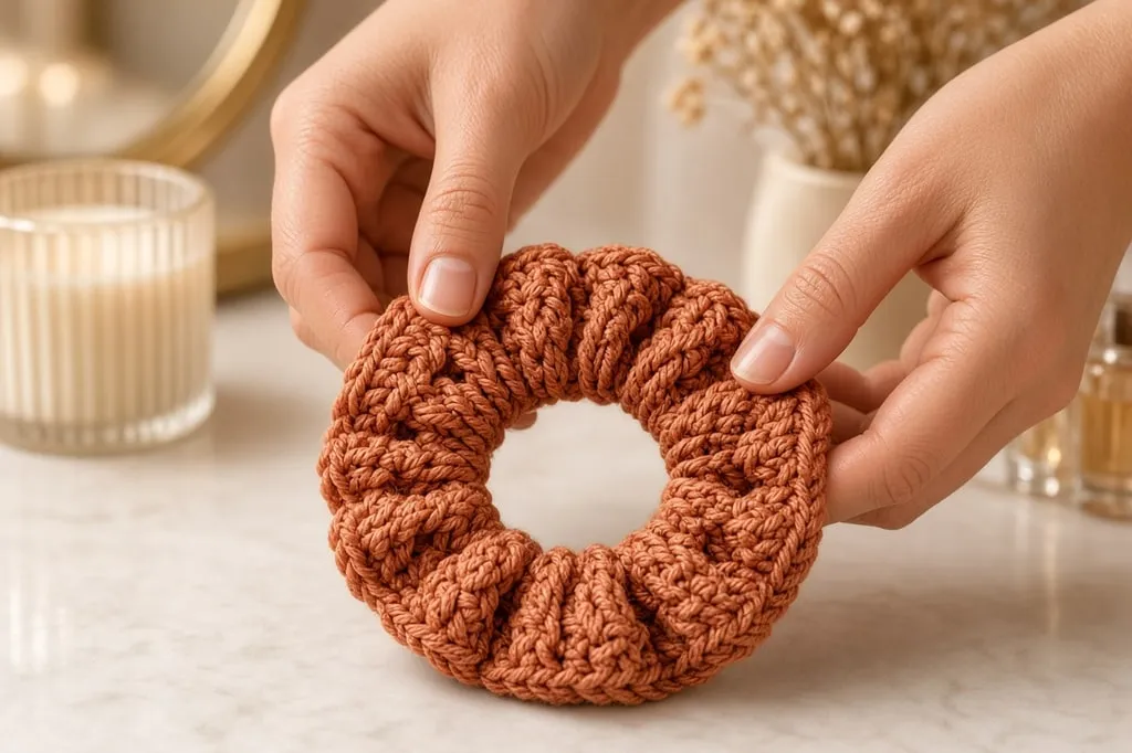 Hands sliding and evening gathers on a finished crochet scrunchie