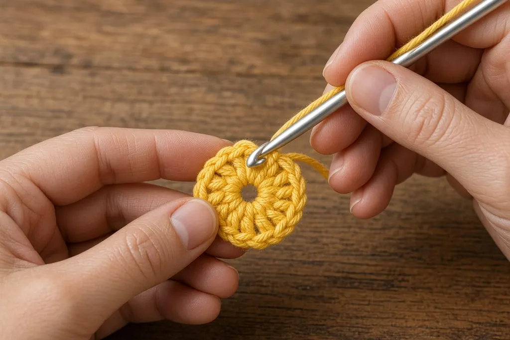 Hands crocheting a small yellow magic-ring center for a flower