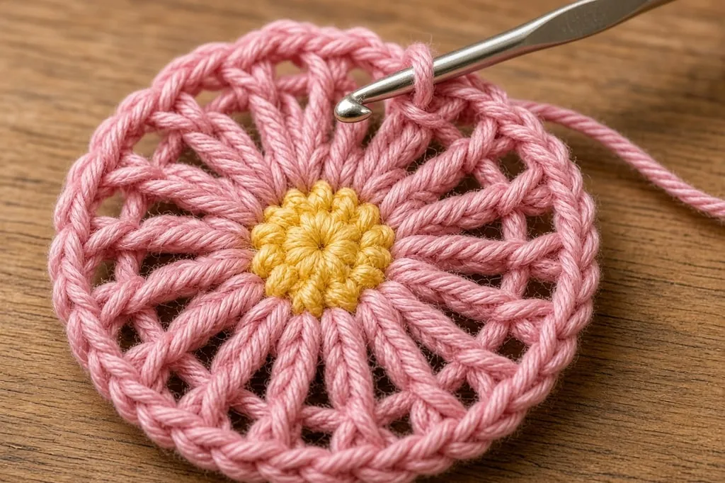 A crochet hook forming open petals around a small flower center
