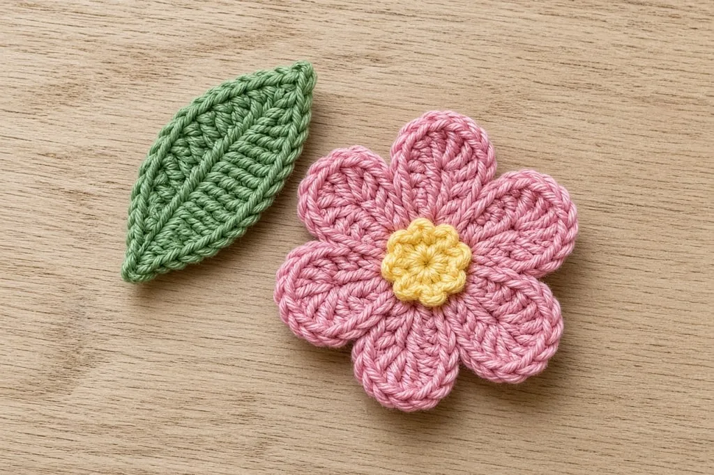 A small green crochet leaf beside a finished flower appliqué