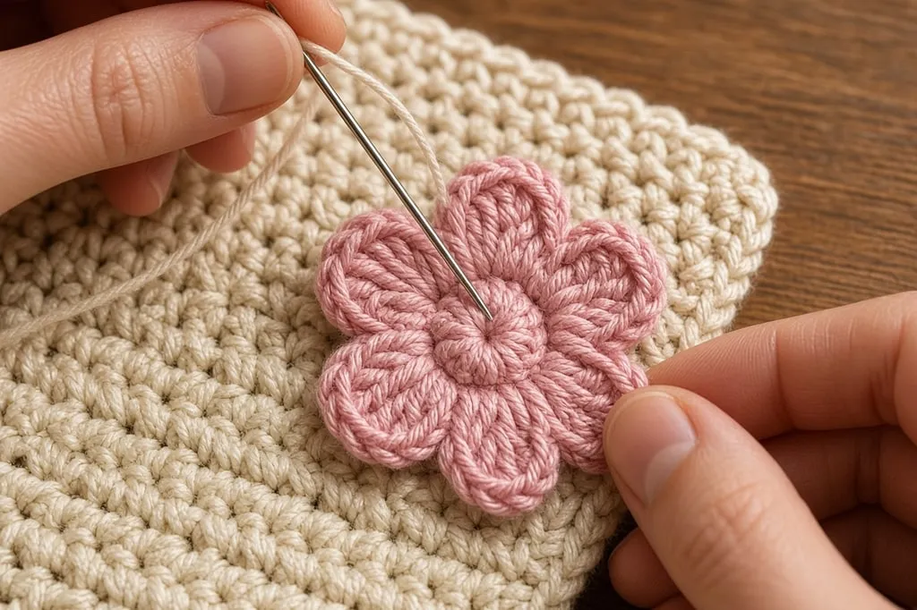 A tapestry needle sewing a crochet flower onto fabric