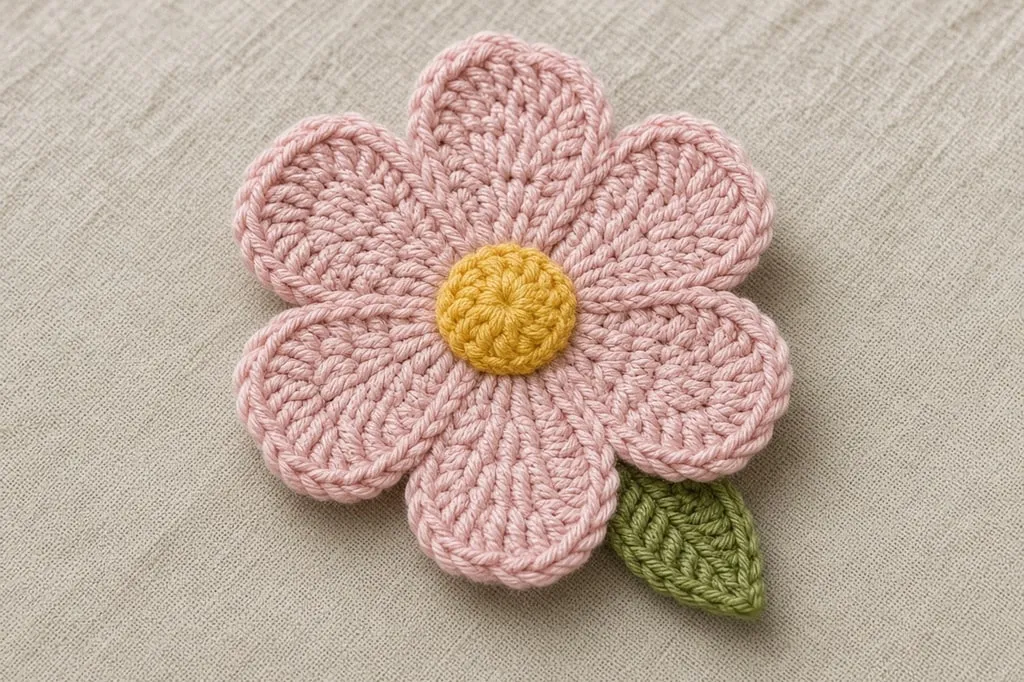 A flat five-petal crochet flower in soft pink and yellow on a linen cloth