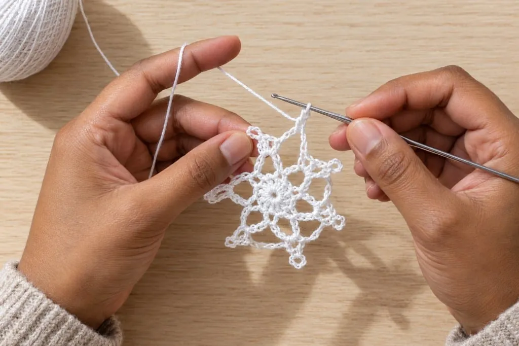 Hands working a white thread snowflake with a fine steel crochet hook