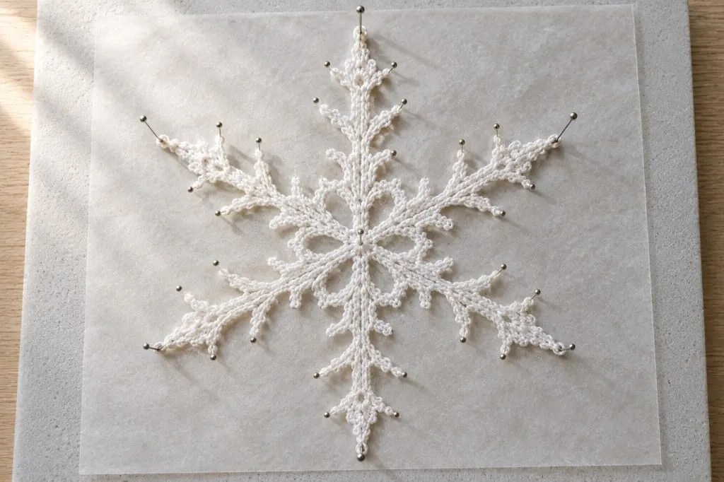 A wet white snowflake pinned out flat on a foam blocking board