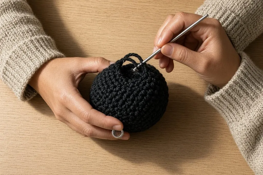 Hands crocheting a small black sphere in the round