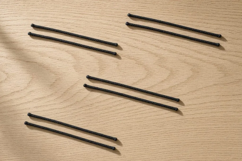 Eight thin black crocheted cords laid out in four matched pairs