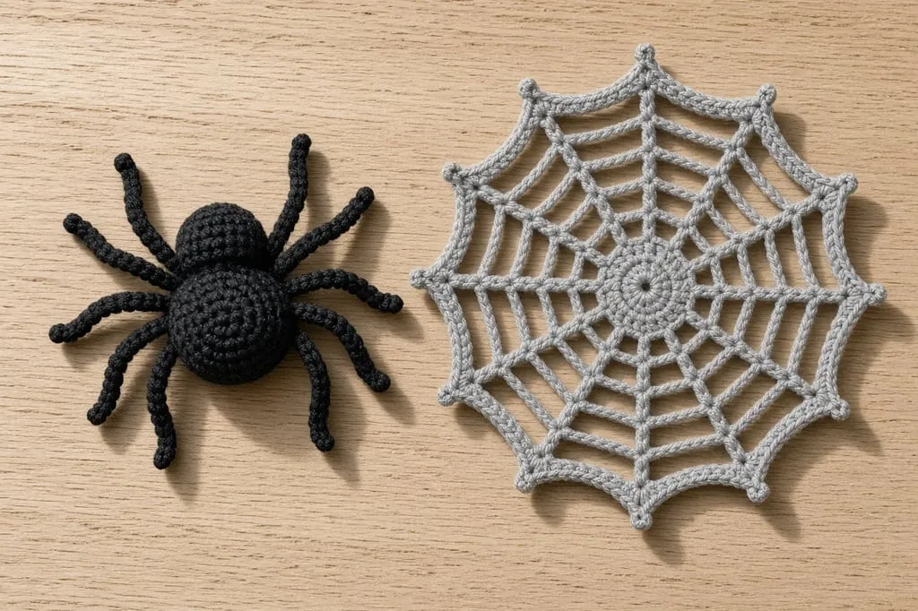 A finished black crochet spider beside a pale grey flat crochet web