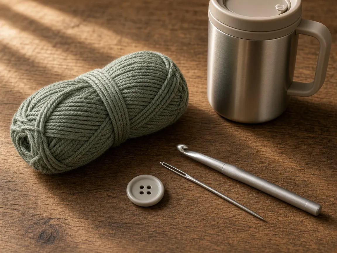 Sage cotton, a hook, a button, and a plain tumbler