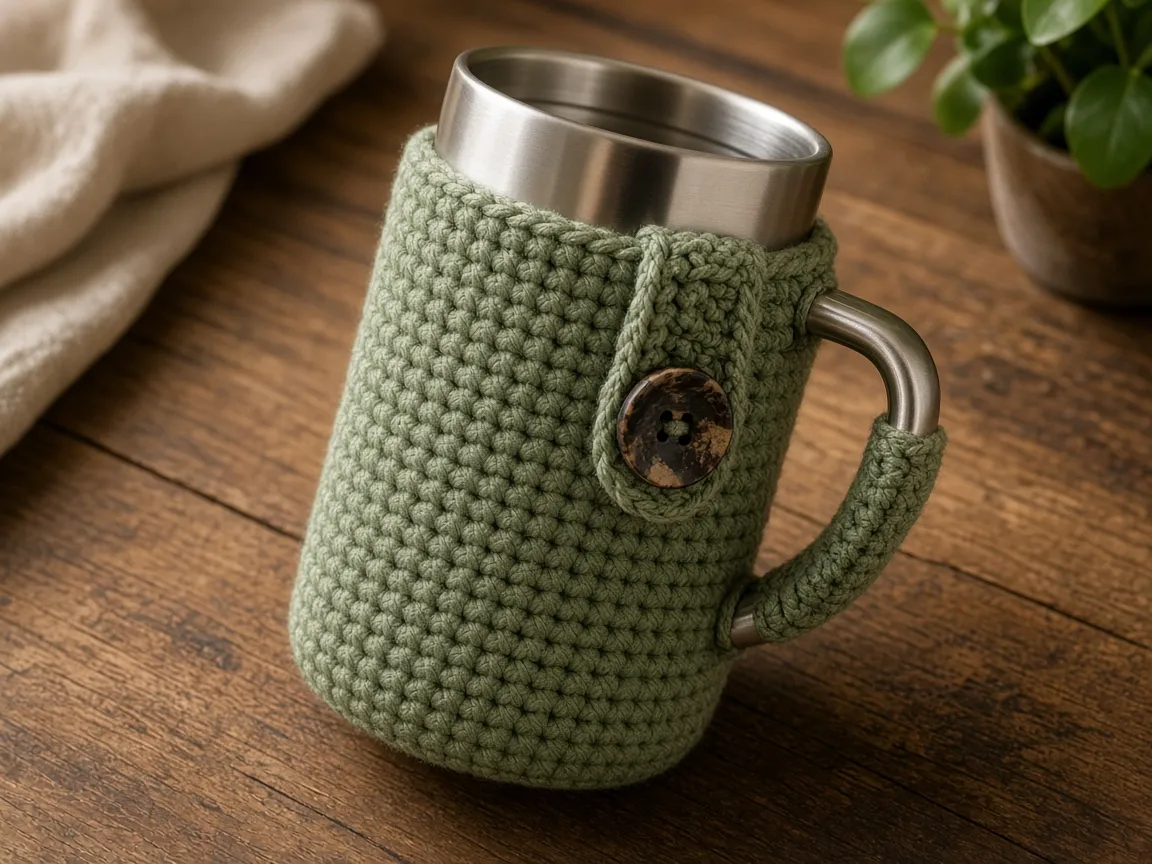 A sage crochet sleeve on a plain handled tumbler