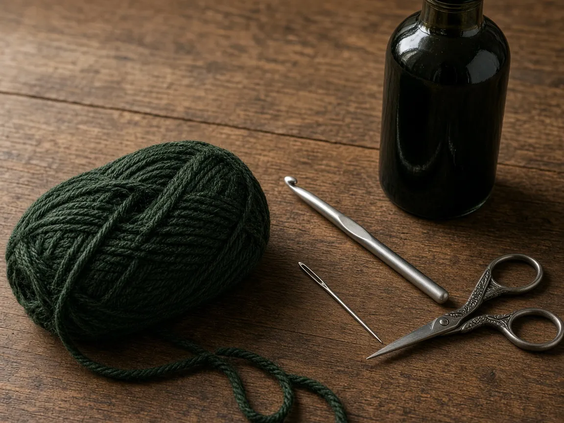 Sage cotton yarn, a hook, and a plain bottle