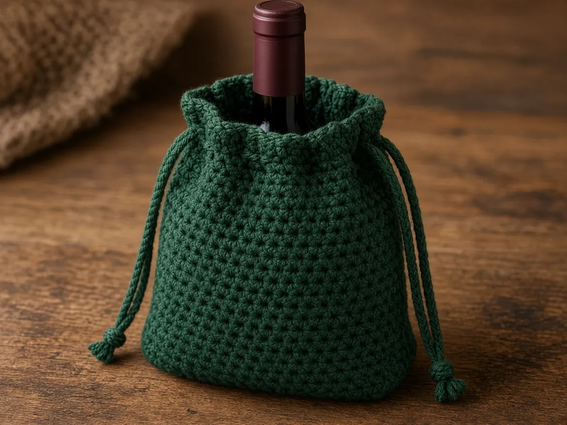 A sage crochet drawstring bag around a plain wine bottle