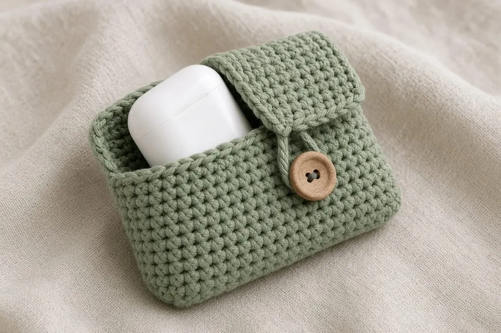 A small round crochet pouch with a button flap beside an earbud case