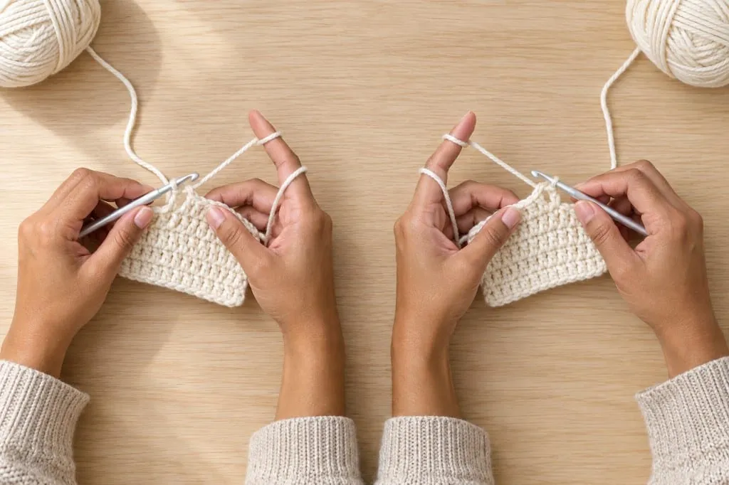 Two pairs of hands mirroring each other, one crocheting left-handed and one right-handed