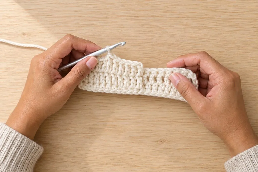 A left hand working a row of crochet from left to right across the fabric