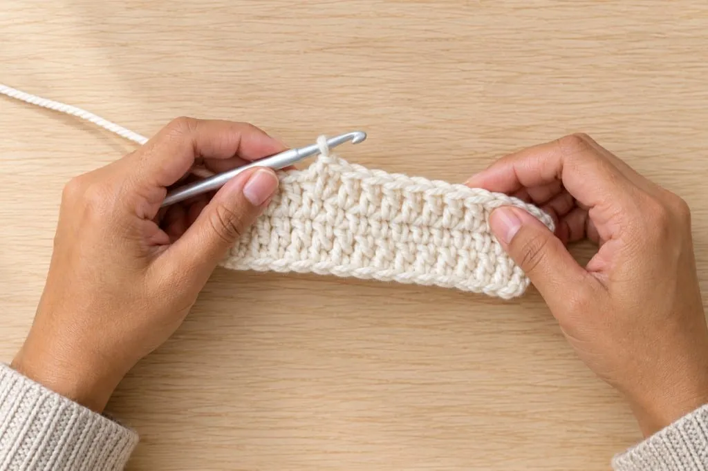 A plain aluminum crochet hook held in the left hand, working a swatch of ivory yarn