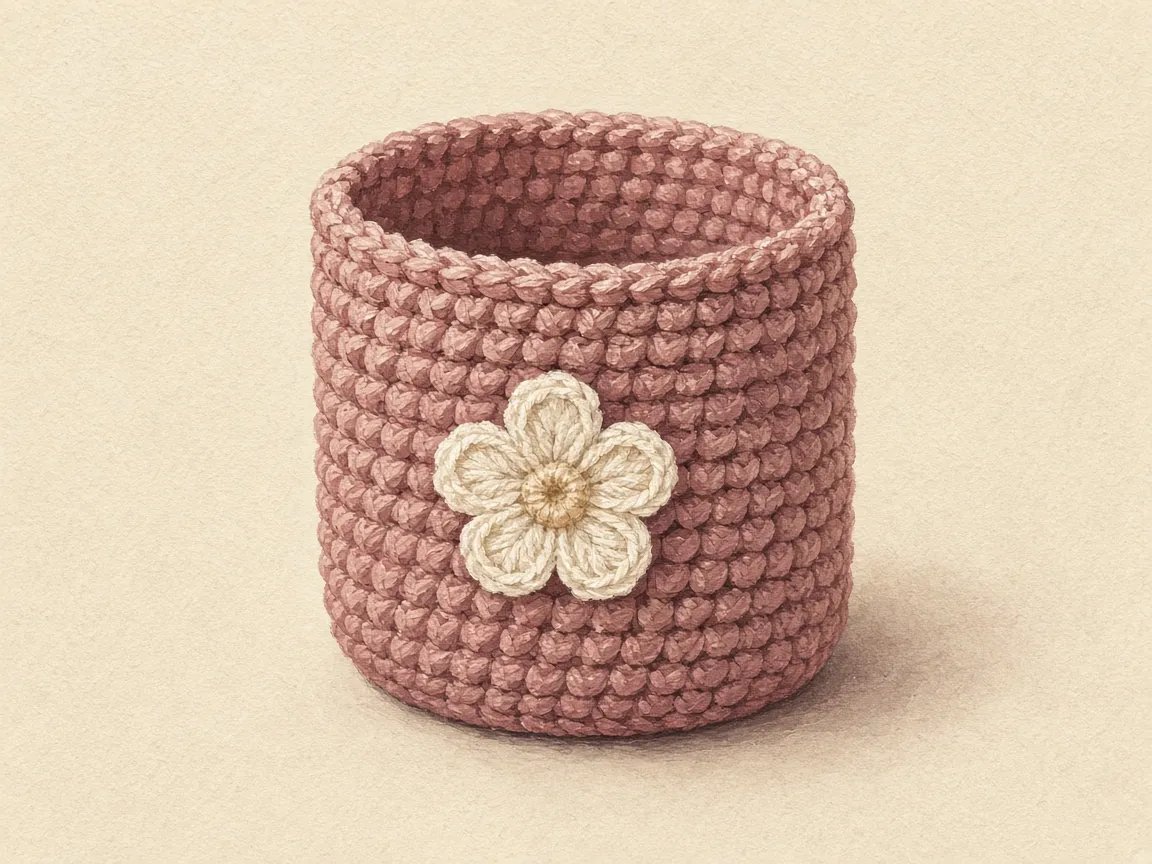 A five-petal cream flower on a dusty-rose crochet cylinder