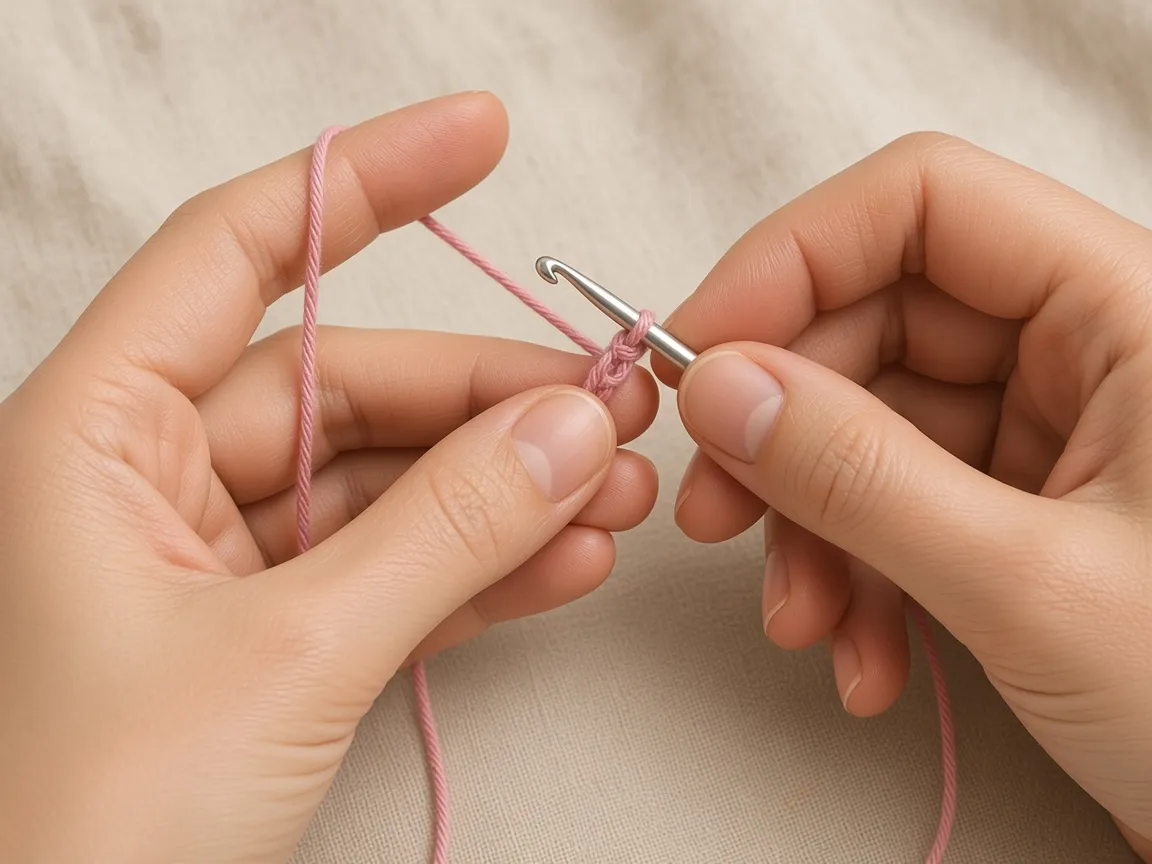 Hands starting a dusty-rose magic ring