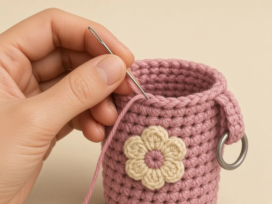 A needle weaving a yarn tail into the sleeve
