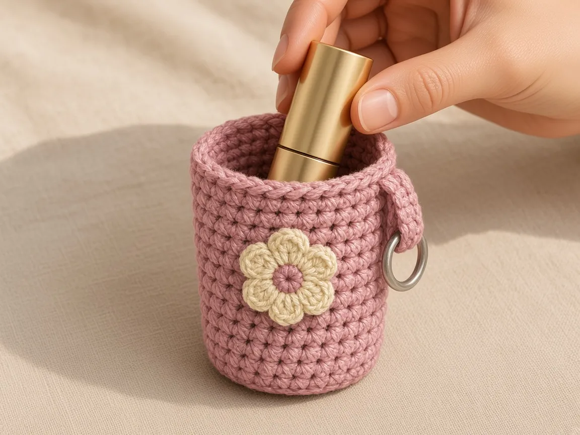 A hand lowering a closed lipstick into the finished holder