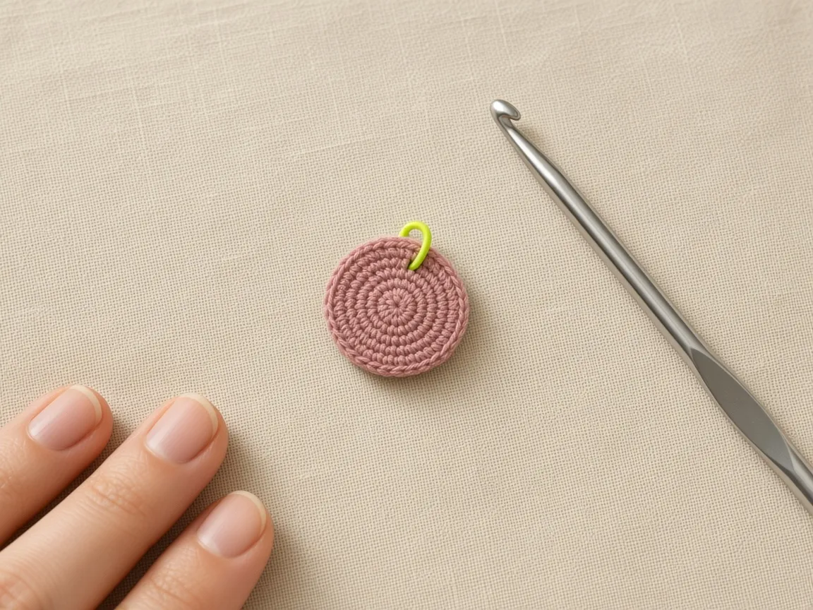 A small dusty-rose crochet disc with a stitch marker