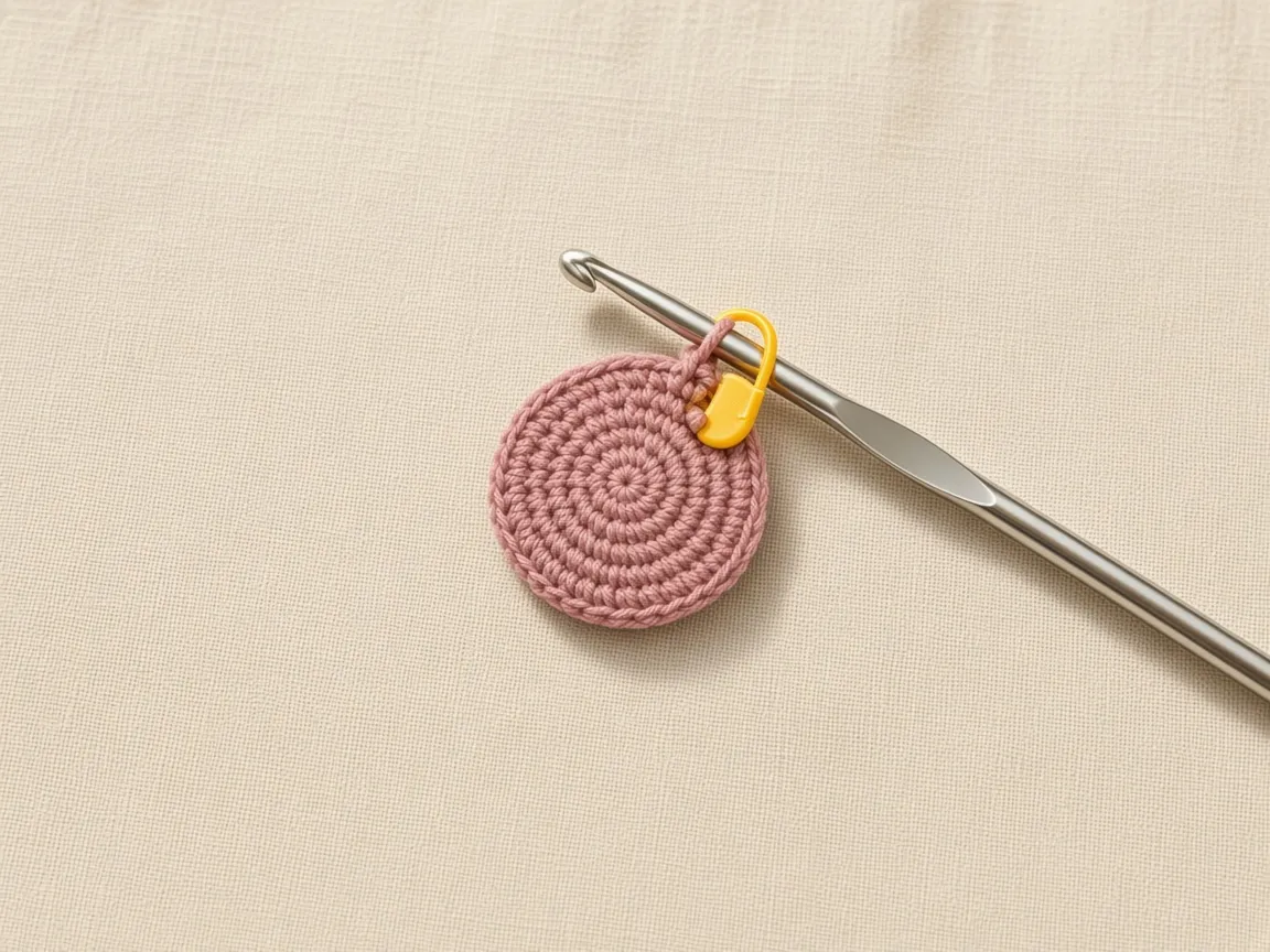 A flat dusty-rose circle still on the hook