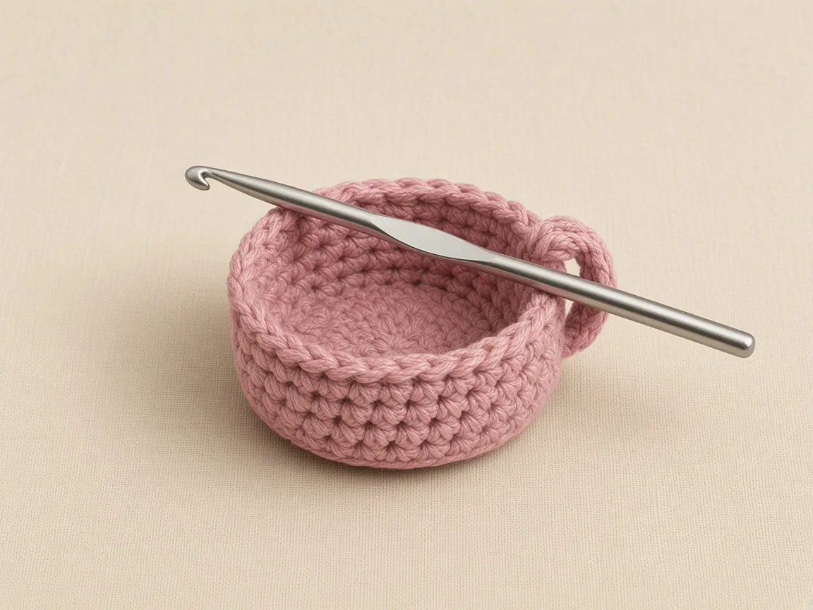 A dusty-rose crochet cup with the edge turned up