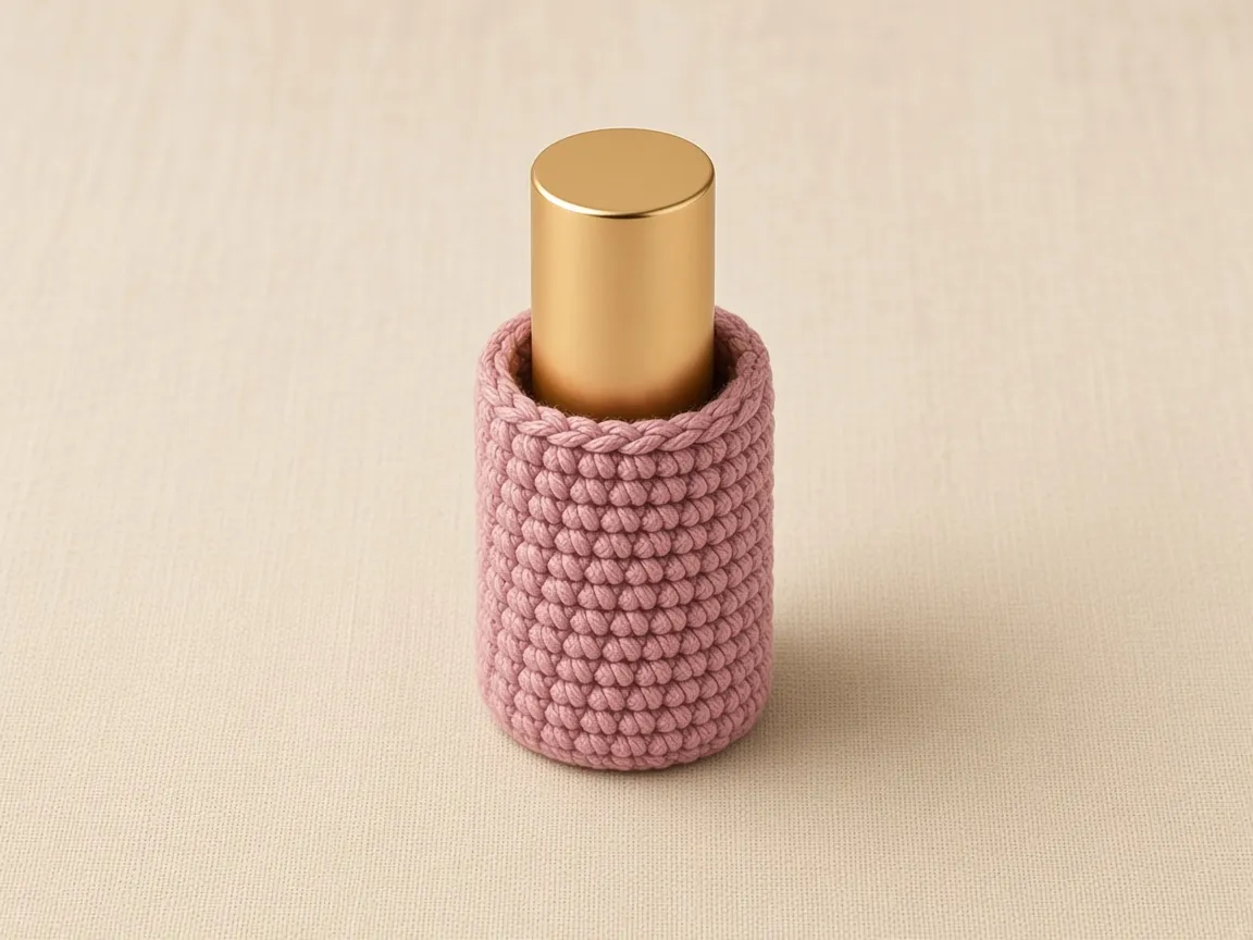 A closed lipstick standing in a short dusty-rose crochet sleeve