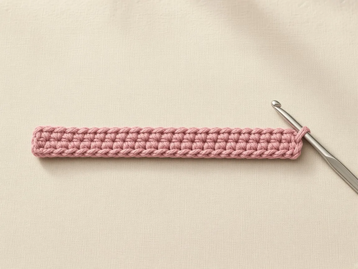A narrow dusty-rose crochet strip
