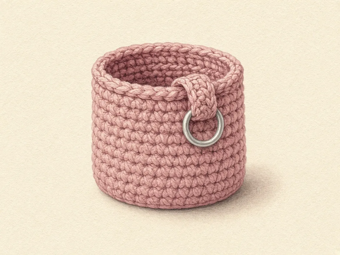A dusty-rose crochet cylinder with a folded strap and a metal ring