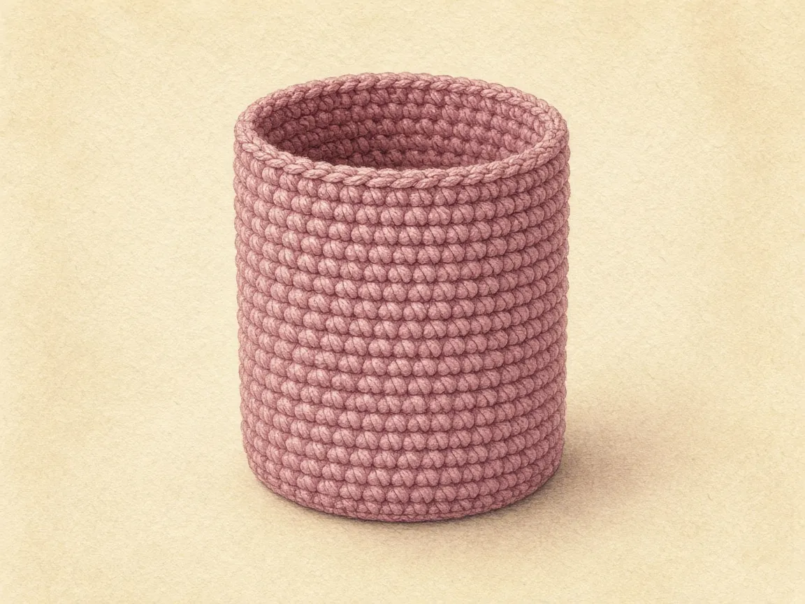 An open dusty-rose crochet cylinder