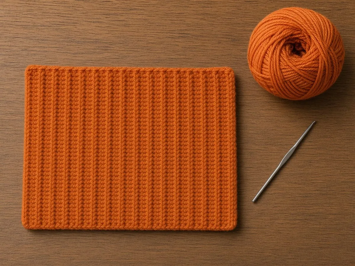 The orange piece laid flat, with the ribs running vertically, before the face or the fold