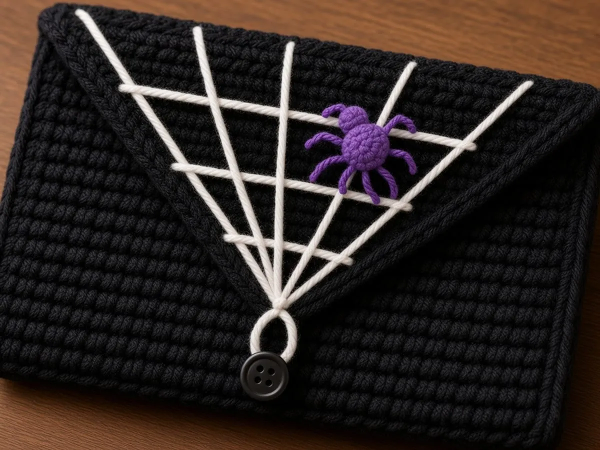 The purple spider on the right side of the web, with the loop and button at the point