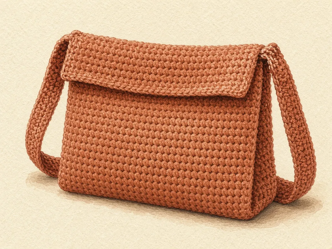 A folded crochet bag with a wide strap