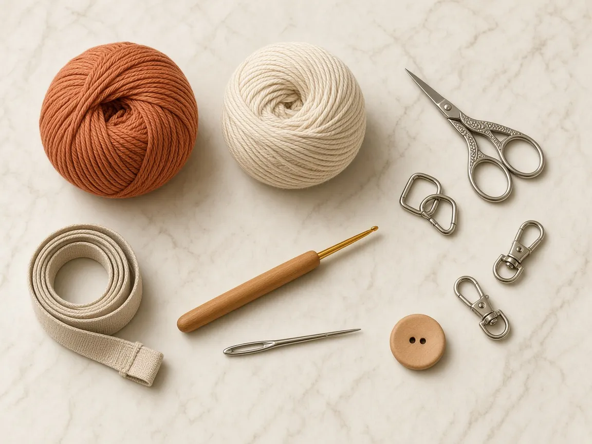 Terracotta and cream yarn, a hook, rings, clips, and a wooden button