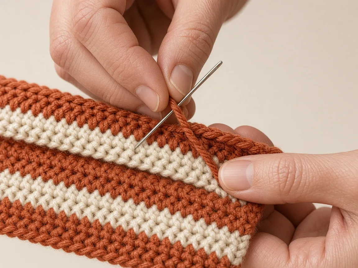 Hands sewing striped crochet with a tapestry needle