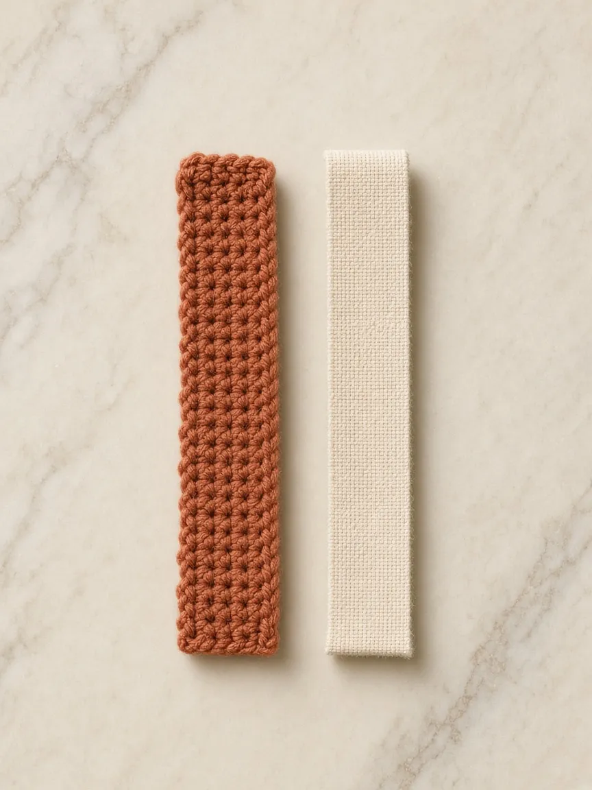A narrow terracotta crochet strap beside woven tape
