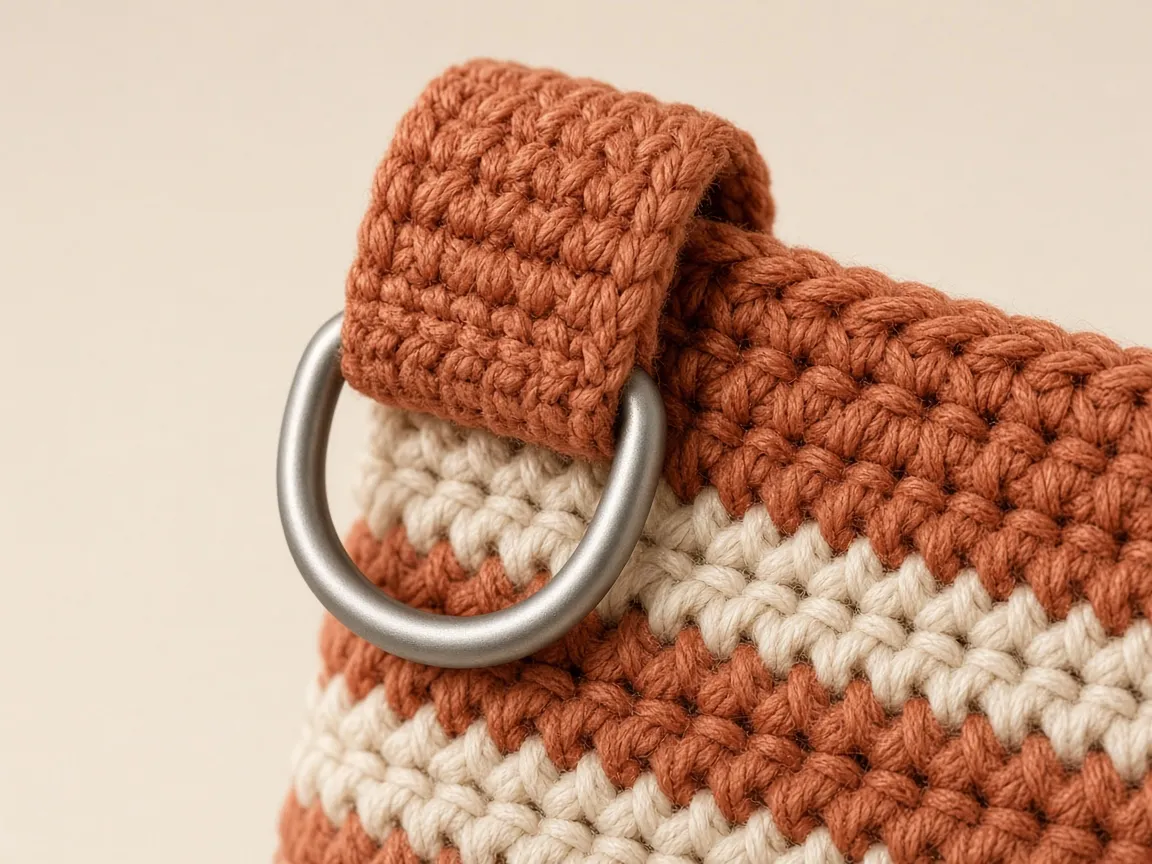 A terracotta tab folded through a metal ring