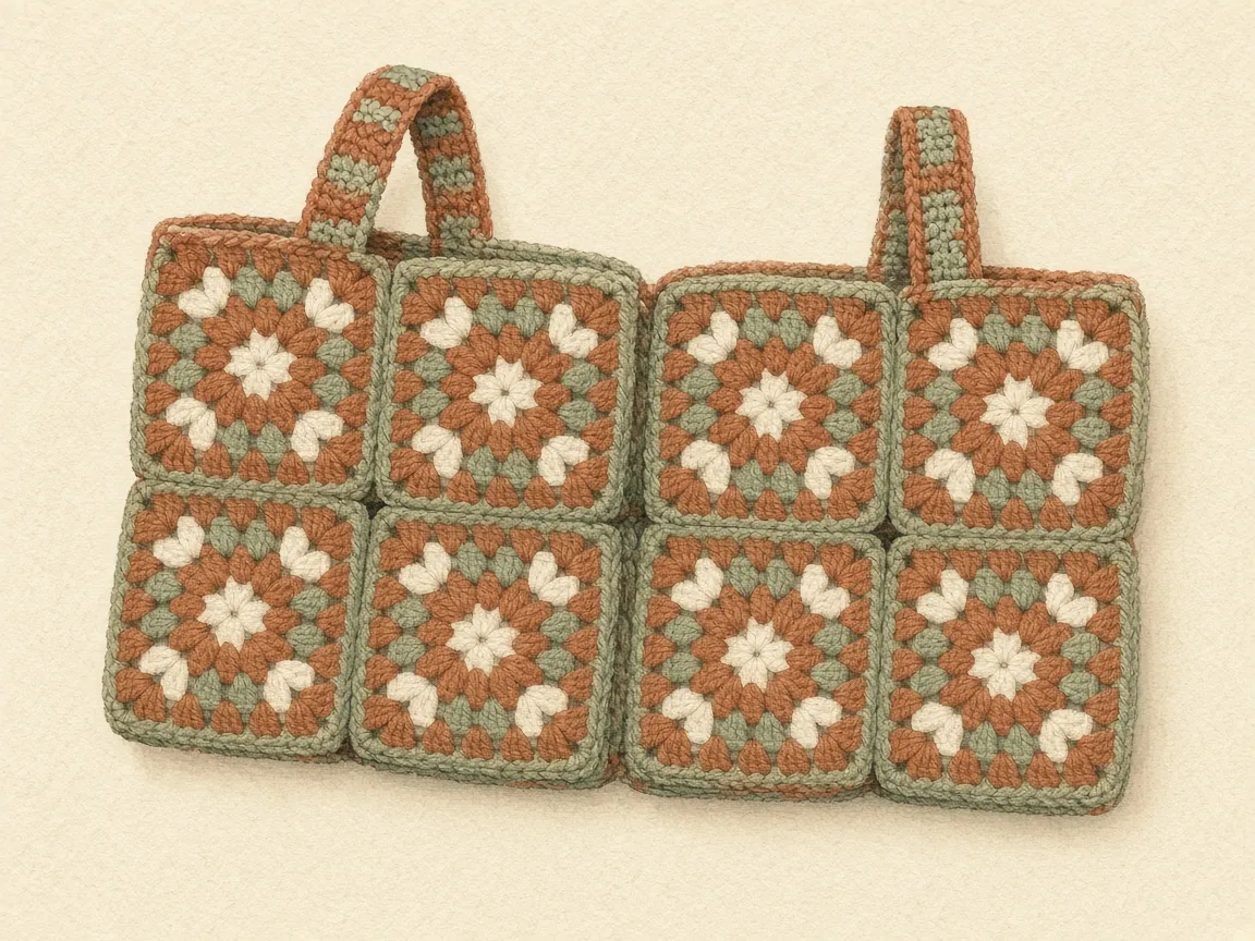 Eight granny squares in two panels with a strap on each