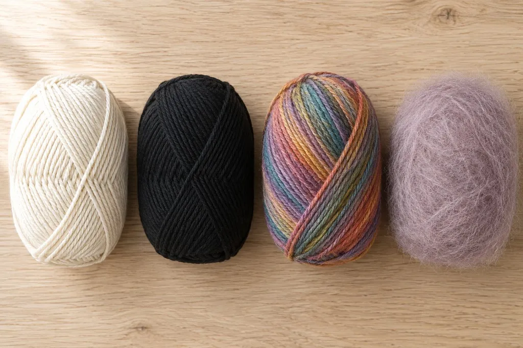 Four balls of yarn in a row: smooth pale solid, very dark, variegated, and fuzzy