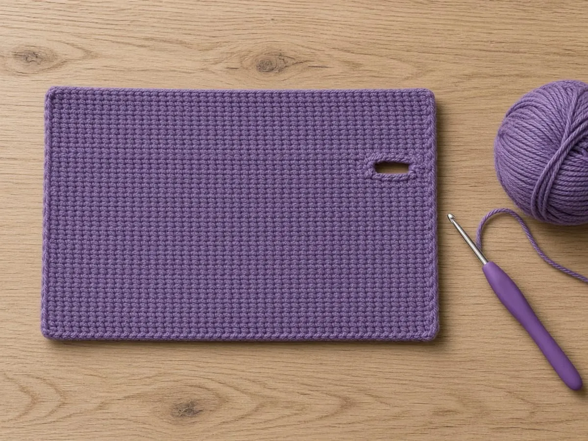 The purple rectangle before it is folded, with the buttonhole worked into the row