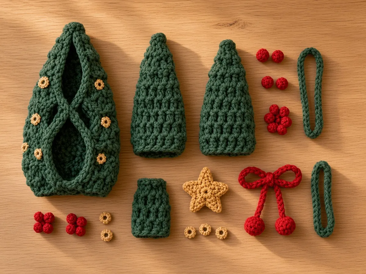 Separate pieces of the holder: a green mesh tube, a cord, three scalloped strips, a gold star, and red berries.