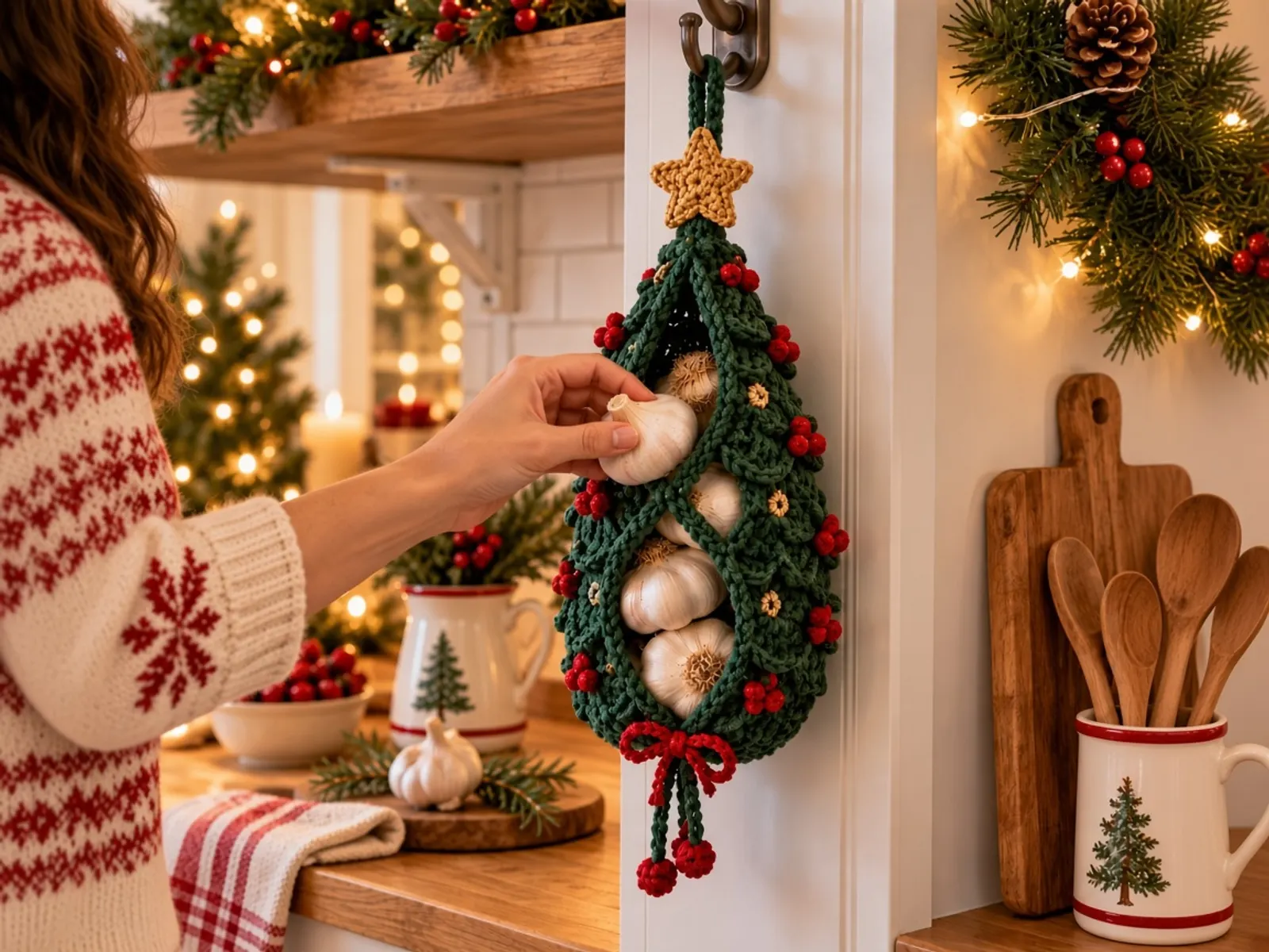 Illustration of a forest-green crochet Christmas tree garlic holder with a gold star and red berries.