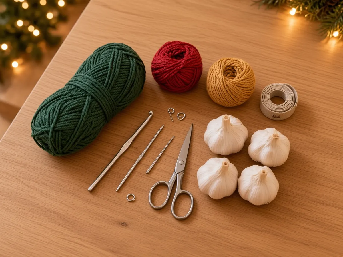 Green, red, and gold cotton yarn with a hook, needle, markers, tape, and three whole garlic bulbs on an oak counter.