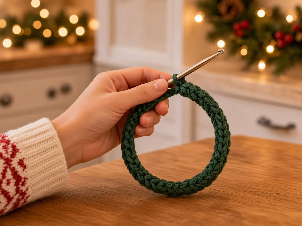 A hand holding a green crochet chain joined into a ring.