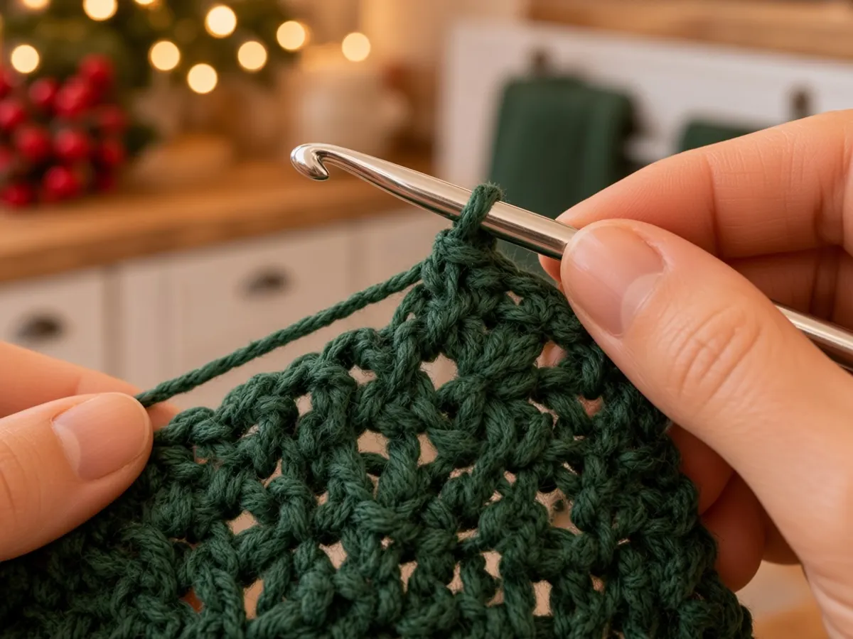 Close view of green crochet mesh with a single-crochet post and a chain arch, on a hook.