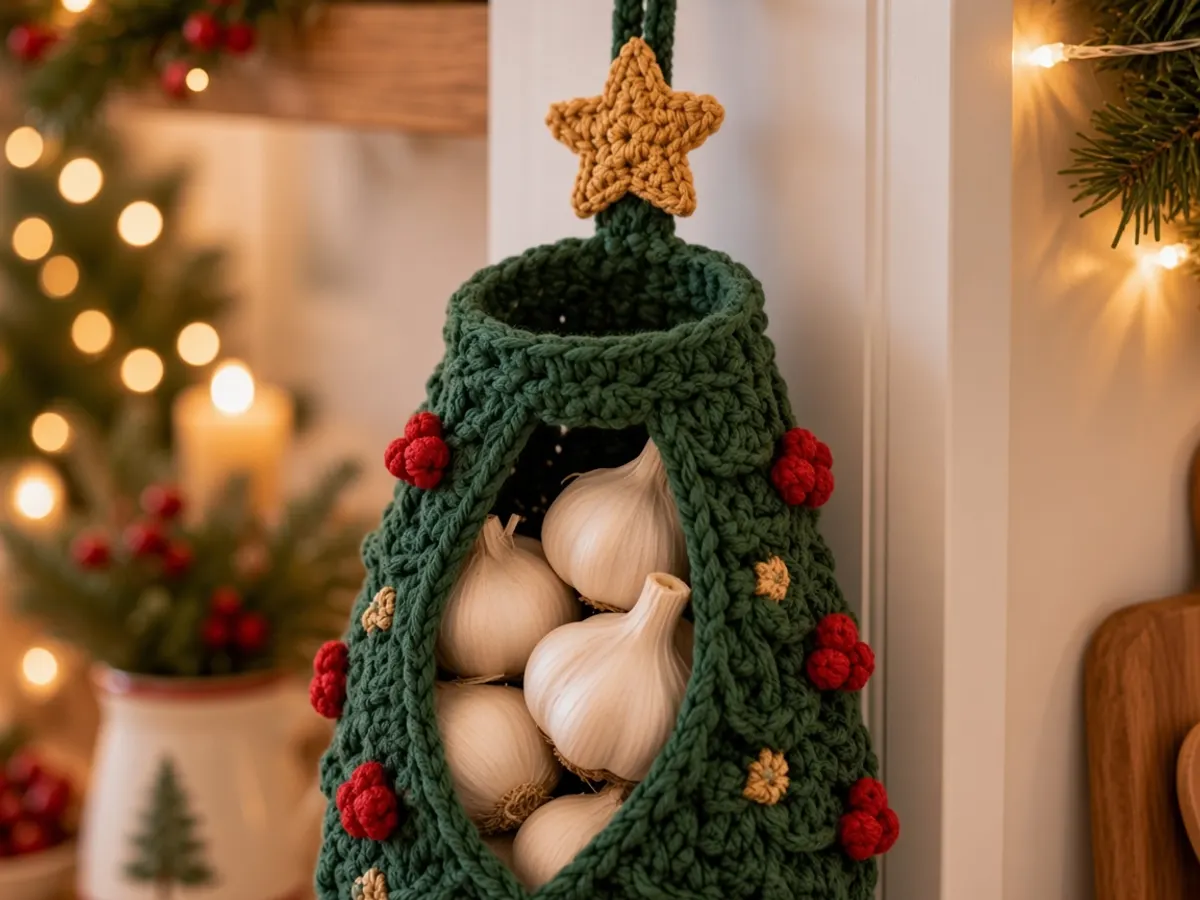Top of the green crochet tree, with the gold star above the opening and garlic inside.
